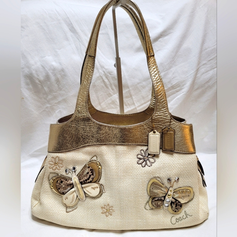 Coach Shoulder Bag Lexi Limited Edition 3D Butterfly Straw Appliqué Gold Leather